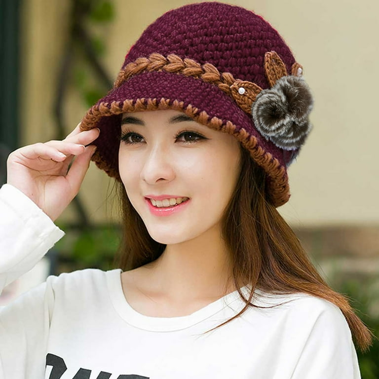 Dyfzdhu Fashion Women Bucket Hat Winter Warm Crochet Knitted