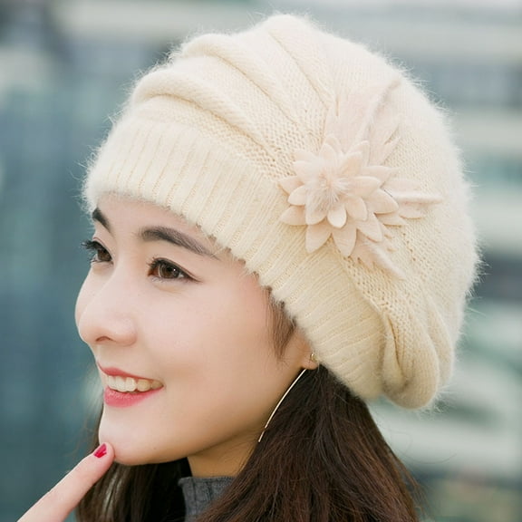 Dyfzdhu Fashion Women Flower Knit Crochet Beanie Hat Winter Warm Cap Beret Beige