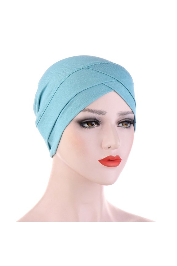 Fashion Women Solid Elastic Cross India Hat Muslim Cancer Chemo Beanie Wrap Cap Blue