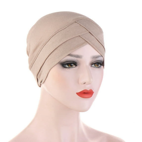 Dyfzdhu Fashion Women Solid Elastic Cross India Hat Muslim Cancer Chemo Beanie Wrap Cap Khaki
