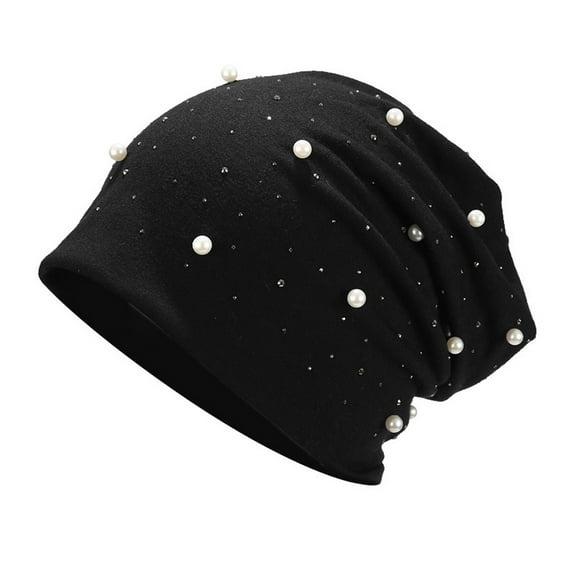 Dyfzdhu Fashion Women Stretch Headgear Pure Color Pearl Head Scarf Wrap Hat Cap Black