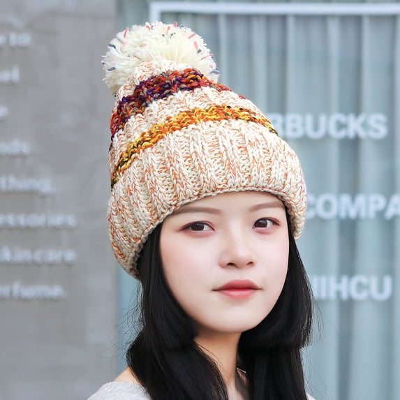 Dyfzdhu Fashion Women Warm Solid Thicken Wool Hat Stripe Knit Windproof Cap Beige