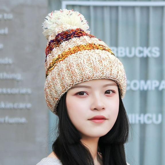 Dyfzdhu Fashion Women Warm Solid Thicken Wool Hat Stripe Knit Windproof Cap Beige
