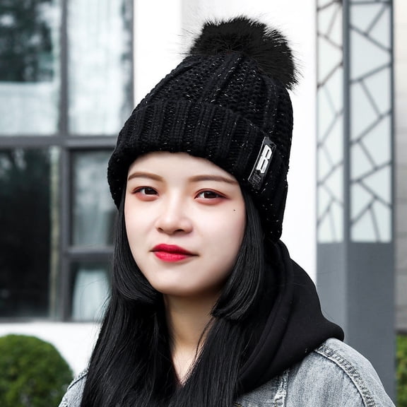 Dyfzdhu Fashion Women Warm Solid Thicken Wool Hat Stripe Knit Windproof Cap Black