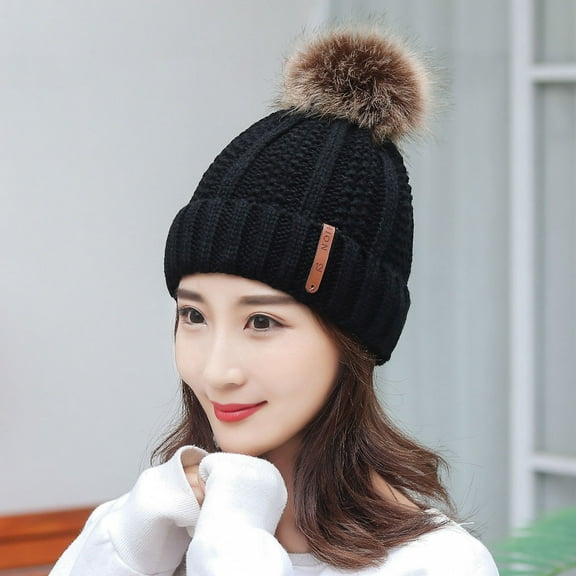 Dyfzdhu Fashion Women Warm Solid Thicken Wool Hat Stripe Knit Windproof Cap Black