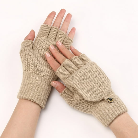 Dyfzdhu Fingerless Gloves for Women Cold Weather Winter Knit Convertible Gloves Warm Mittens Juinors Beige