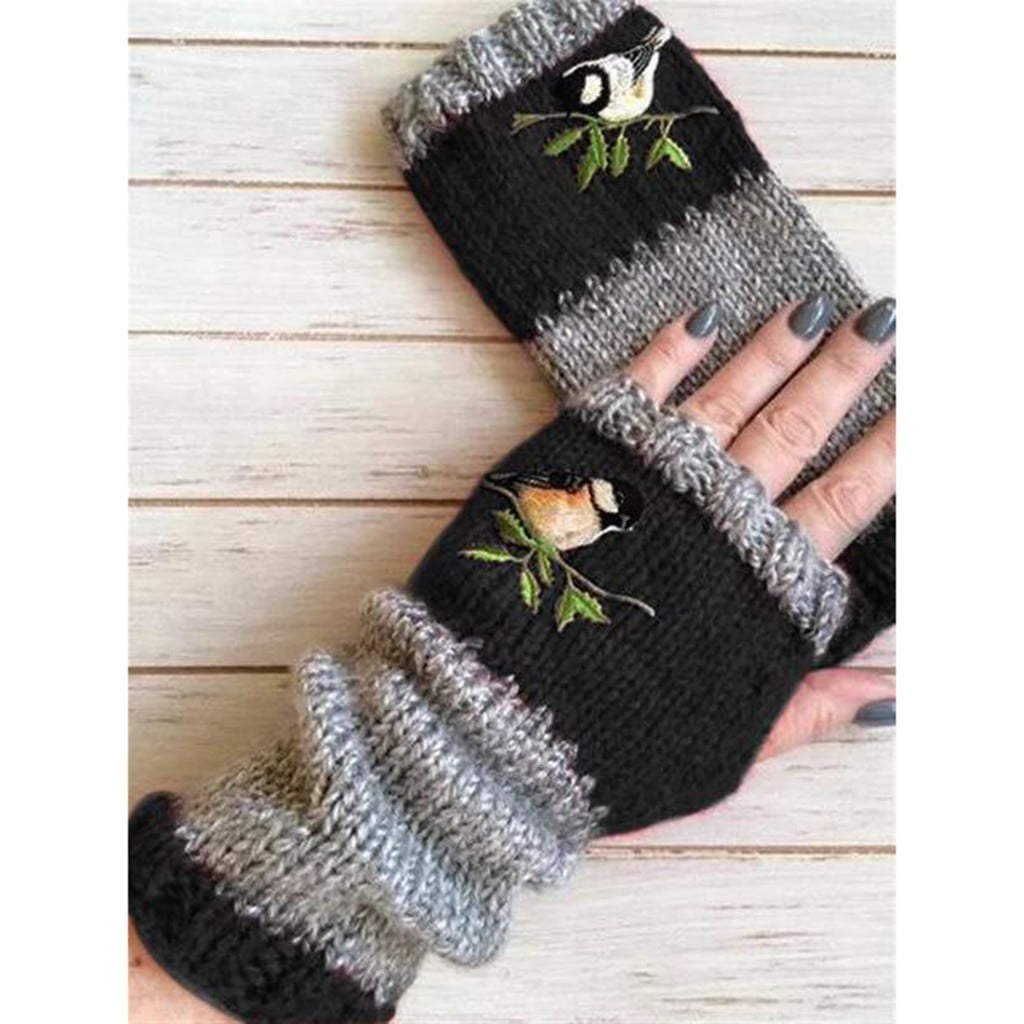 Dyfzdhu Fingerless Gloves for Women Warm Winter Trendy Bird Embroidery Knit  Warm Fleece Outdoor Gloves Wine Red 