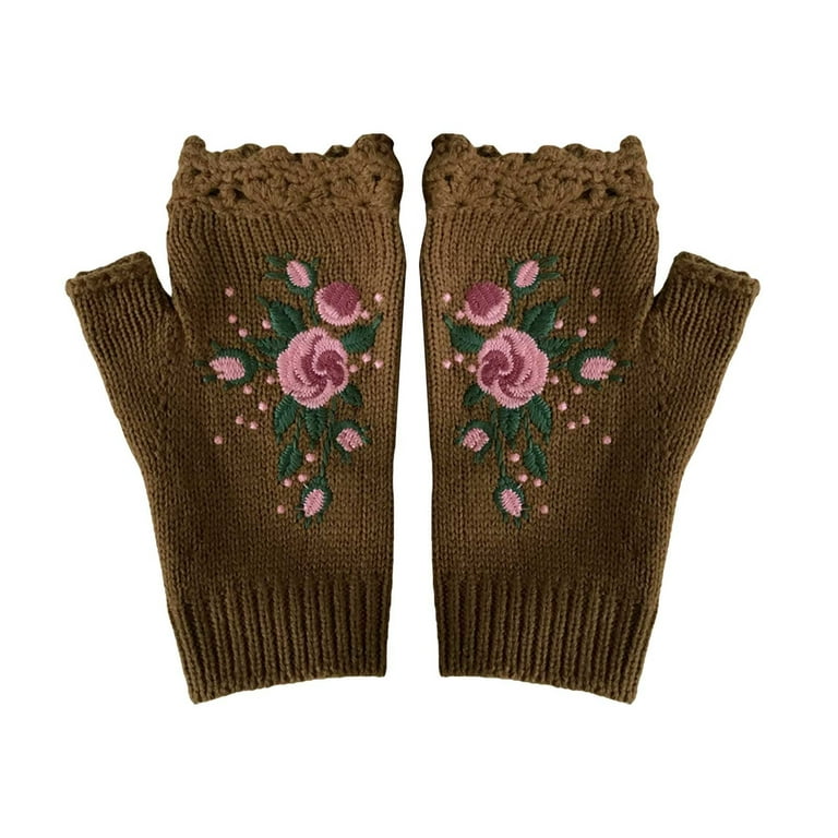 Dyfzdhu Fingerless Gloves for Women Warm Winter Trendy Floral Embroidered  Knitted Mittens Khaki 