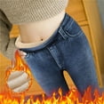 thumbnail image 1 of Dyfzdhu Fleece Lined Jeans for Women Imitation Denim High Waist Loose Thickened Warm Plush Straight Long Pants Stretch Blue, 1 of 9