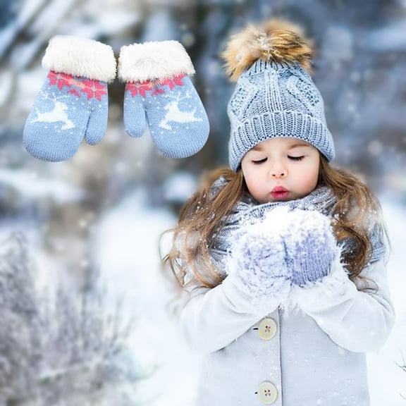 Dyfzdhu Fleece Thickened Warm Mittens For Boys Girls Cute Mittens Blue