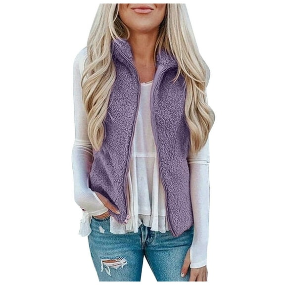 Dyfzdhu Fleece Vests for Women Solid Color Trendy Casual Sleeveless Pocket Zipper Fuzzy Coat Purple 2XL