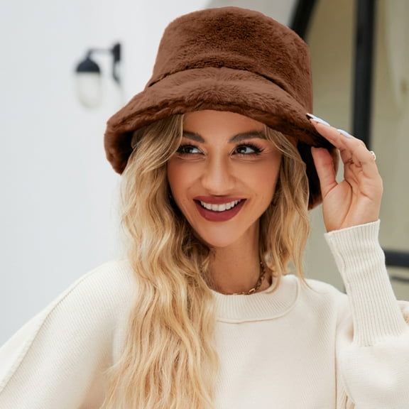 Dyfzdhu Fuzzy Bucket Hat for Women Faux Superficial Knowledge Fluffy Warm Soft Winter Fisherman Cap Furry Sun Hat Brown