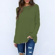 Dyfzdhu Fuzzy Tops for Women Plus Size Solid Long Sleeve Loose Thermal Fleece Crewneck Sweatshirts Green