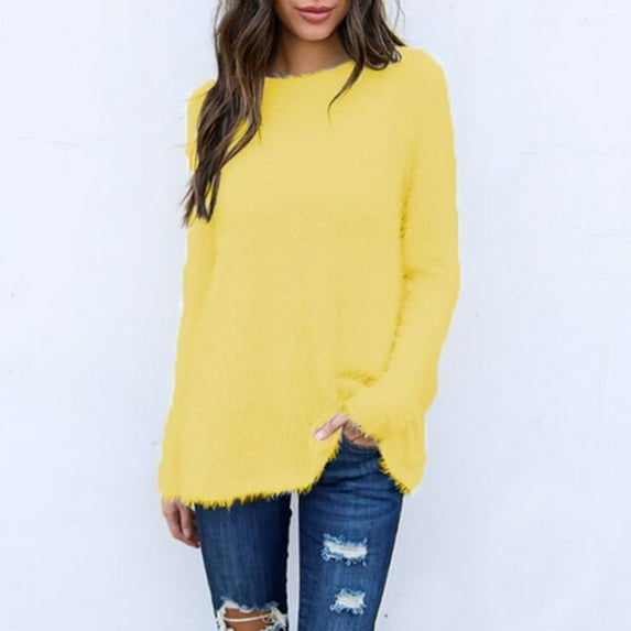 Dyfzdhu Fuzzy Tops for Women Plus Size Solid Long Sleeve Loose Thermal Fleece Crewneck Sweatshirts Yellow