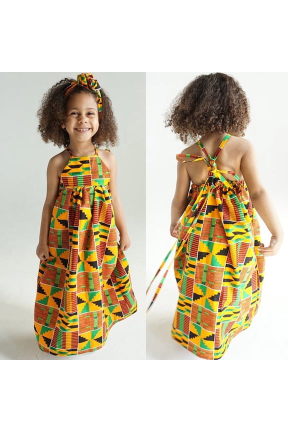 Girls Dress Toddler Baby Girls African Print Off Shoulder Hair Band Princess Casual Dress