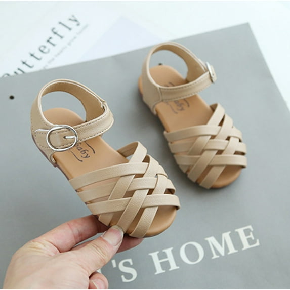 Dyfzdhu Girls Sandals Kids Children Girls Open-Toed Flat Beach Shoes Soft-Soled Non-Slip Roman Sandals