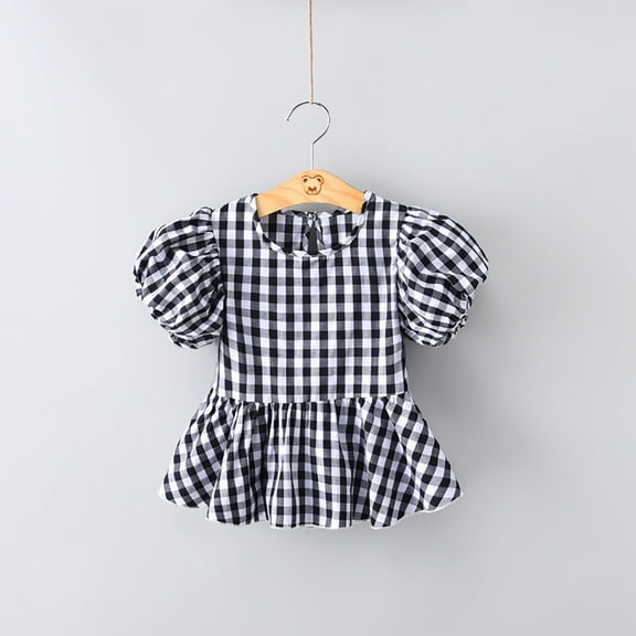 Dyfzdhu Girls Summer Plaid Top Pleated Hem Crew Neck Short Sleeves Casual Blouse 6M-6Y
