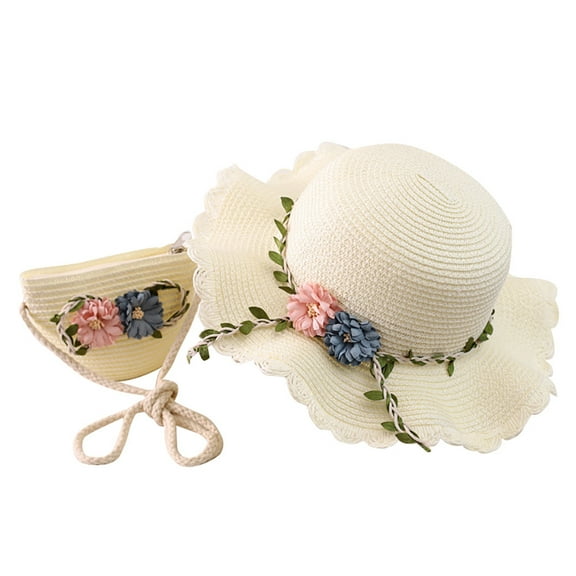 Womens Baseball Caps Wide Brim Sun Hats For Women UV Protection 2-8 Age Straw Tourism Flower And Bag Set White