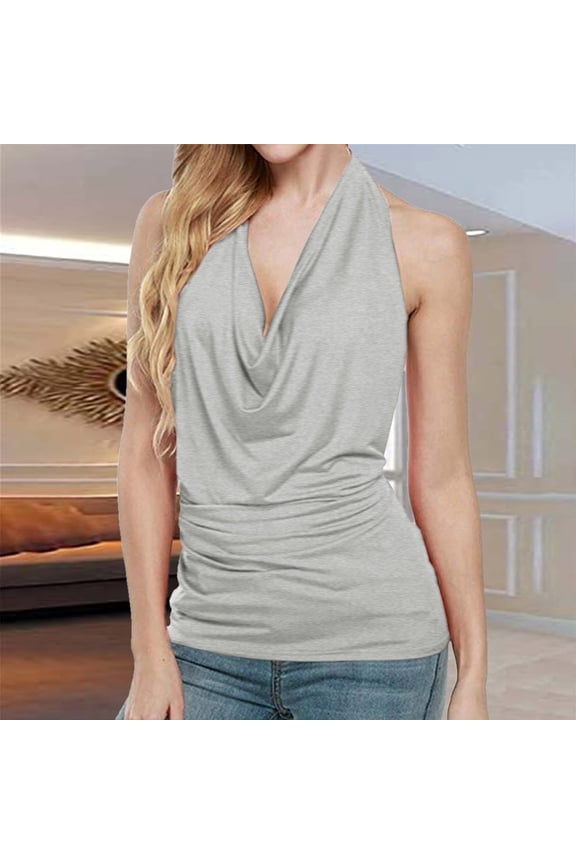 Halter Tank Tops For Women Tops Backless Vest Sleeveless Neck Tank Women Blouse Cowl Drape Womens Blouse Silver M