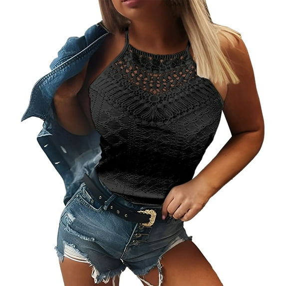 Dyfzdhu Halter Tank Tops for Women Crochet 2025 New Summer Hollow Lace Sleeveless Solid Color Vest Slim Crop Top Black