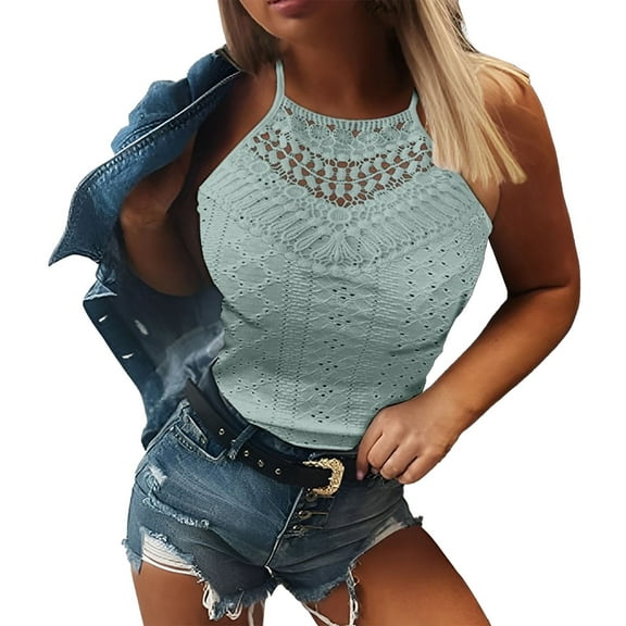 Dyfzdhu Halter Tank Tops for Women Crochet 2025 New Summer Hollow Lace Sleeveless Solid Color Vest Slim Crop Top Green