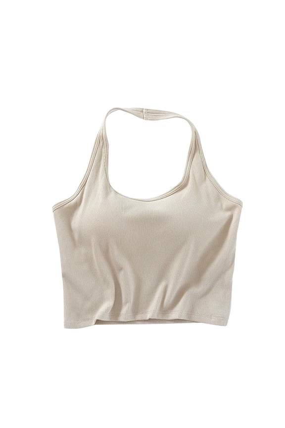 Halter Tops for Women Built in Bra Camisole Vest Knitted Slim Summer Y2k Crop Tank Top Beige