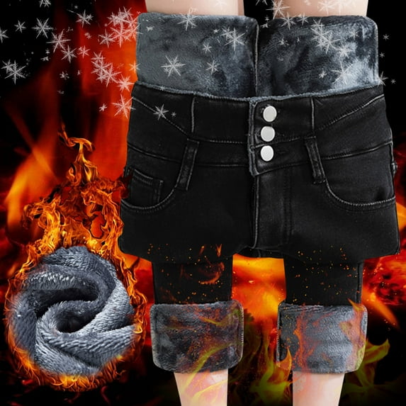 Dyfzdhu High Waisted Jeans for Women Plus Size Winter Warm Fleece Lined Denim Pants Loose Straight Jeans Black