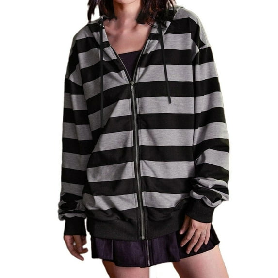Dyfzdhu Hoodies Autumn And Winter Oversized Loose Striped Casual Zipper Drawstring Sweater Jacket Hoodies For Women