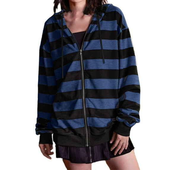 Dyfzdhu Hoodies Autumn And Winter Oversized Loose Striped Casual Zipper Drawstring Sweater Jacket Hoodies For Women