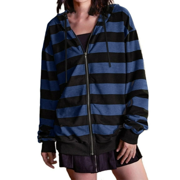 Dyfzdhu Hoodies Autumn And Winter Oversized Loose Striped Casual Zipper Drawstring Sweater Jacket Hoodies For Women