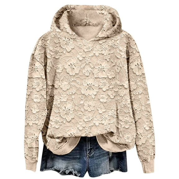 Dyfzdhu Hoodies Floral Lace Hoodie Elegant Pullover Sweatshirt Soft Fleece Oversized Fall Winter Athleisure Streetwear Hoodies For Women