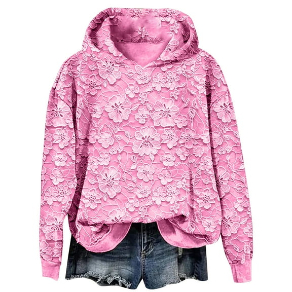 Dyfzdhu Hoodies Floral Lace Hoodie Elegant Pullover Sweatshirt Soft Fleece Oversized Fall Winter Athleisure Streetwear Hoodies For Women
