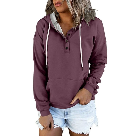Dyfzdhu Hoodies Solid Color Fashion Casual Button Pocket Long Sleeve Sweater Hoodies For Women