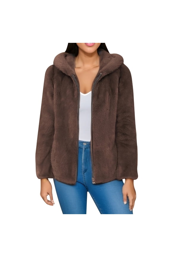 Hoodies Winter Faux Jacket Coats Fuzzy Back Hood And Front Placket Shaggy Shacket Jacket Hoodies For Women