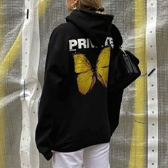 Dyfzdhu Hoodies for Women Casual Butterfly Print Long Sleeve Pocket Shirt Hooded Sweatshirt Loose Tops