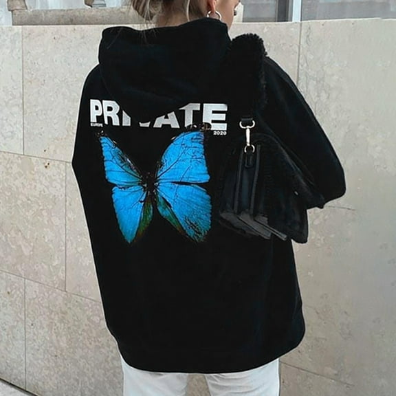 Dyfzdhu Hoodies for Women Casual Butterfly Print Long Sleeve Pocket Shirt Hooded Sweatshirt Loose Tops