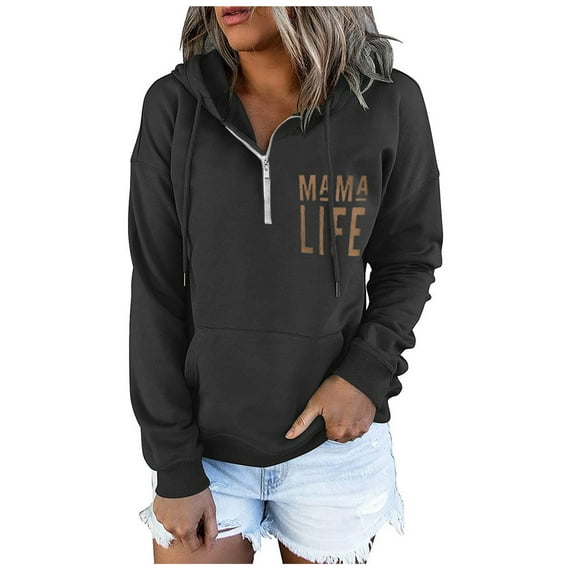 Dyfzdhu Hoodies for Women Long Sleeve Casual Half Zipper Sweatshirt Solid Pullover With Pocket Black