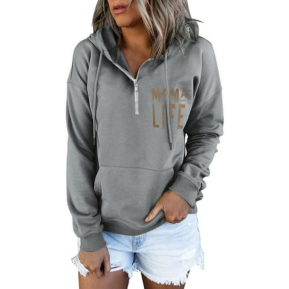 Dyfzdhu Hoodies for Women Long Sleeve Casual Half Zipper Sweatshirt Solid Pullover With Pocket Grey