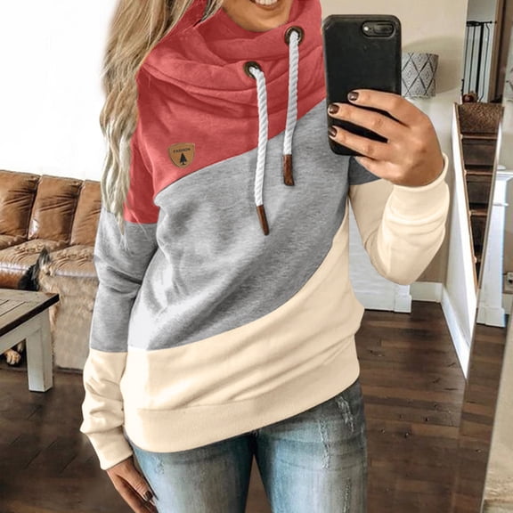 Dyfzdhu Hoodies for Women Sleeve Casual Hoodie Splice Contrast Long Sweatshirt Solid Strap Tops & Sweatshirts