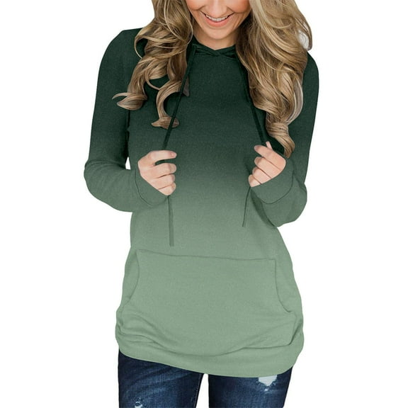 Dyfzdhu Hoodies for Women Spring And Autumn Leisure Loose Long Pocket Drawstring Hooded Solid Gradient Print Sleeve Sweater