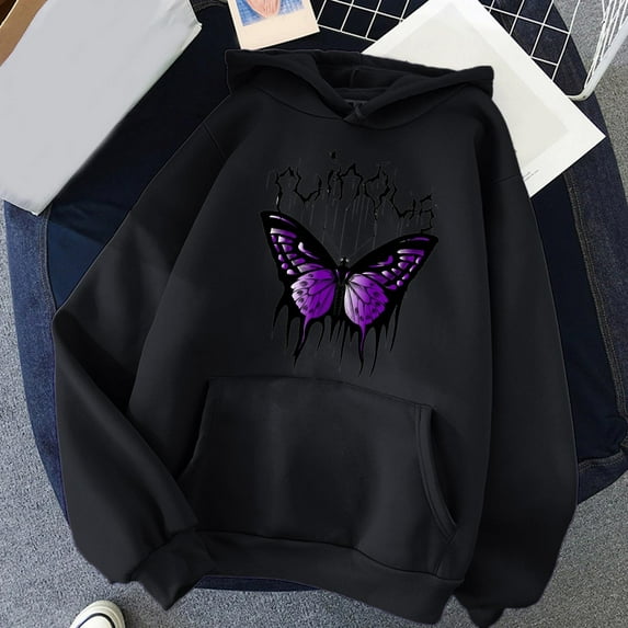Dyfzdhu Hoodies for Women Trendy Butterfly Graphic Print Long Sleeve Sweatshirt Loose Pullover Hooded Top, Black S