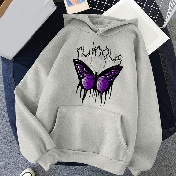 Dyfzdhu Hoodies for Women Trendy Butterfly Graphic Print Long Sleeve Sweatshirt Loose Pullover Hooded Top, Gray XL