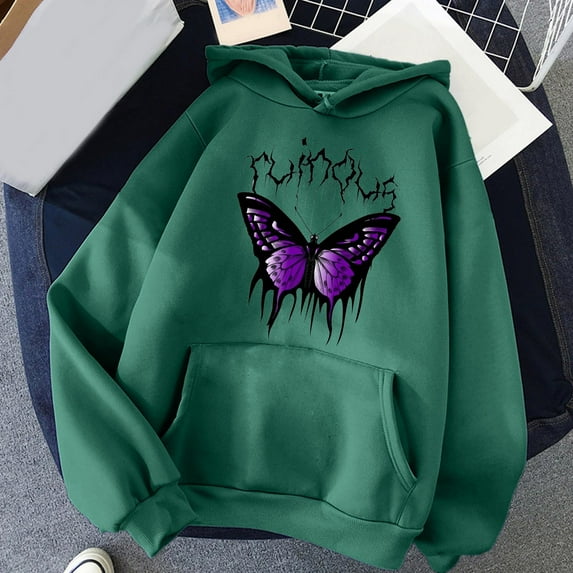 Dyfzdhu Hoodies for Women Trendy Butterfly Graphic Print Long Sleeve Sweatshirt Loose Pullover Hooded Top, Green XXL