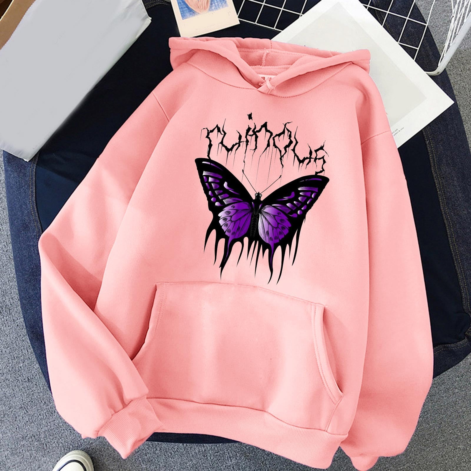 Pink Hot Air Balloon Pattern Print Women Pullover Hoodie