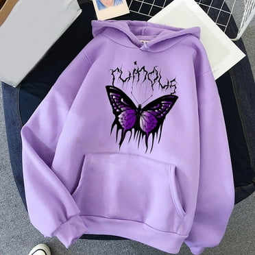 Dyfzdhu Hoodies for Women Trendy Butterfly Graphic Print Long Sleeve Sweatshirt Loose Pullover Hooded Top, Purple L