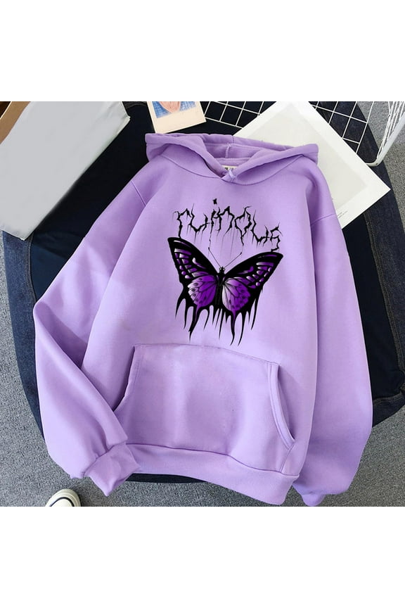 Hoodies for Women Trendy Butterfly Graphic Print Long Sleeve Sweatshirt Loose Pullover Hooded Top, Purple L
