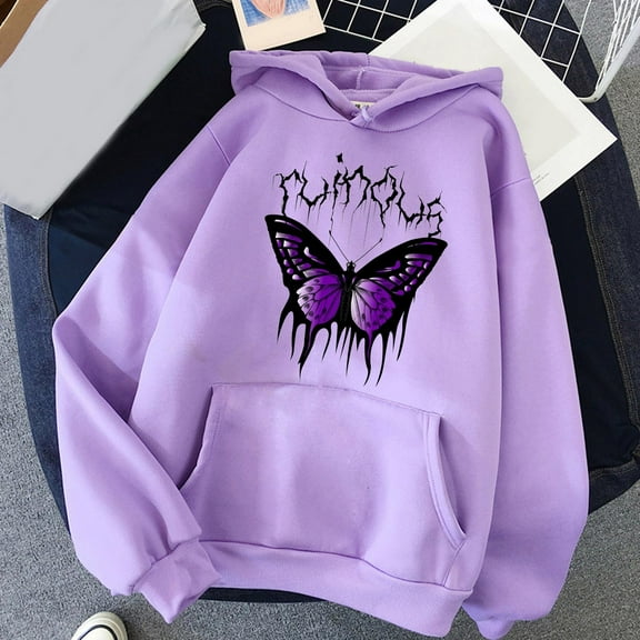 Dyfzdhu Hoodies for Women Trendy Butterfly Graphic Print Long Sleeve Sweatshirt Loose Pullover Hooded Top, Purple XL