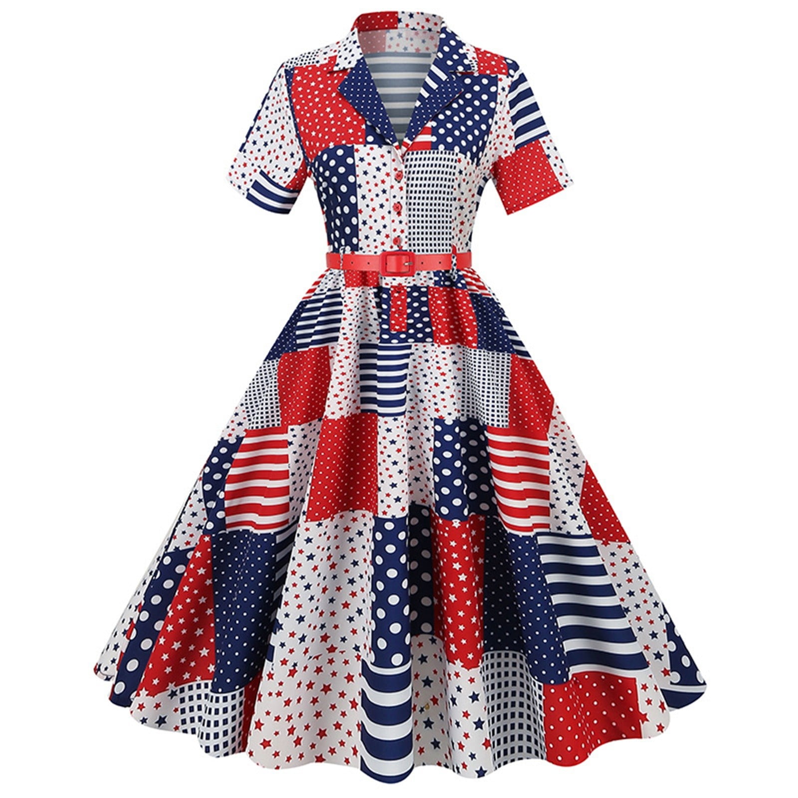 Dyfzdhu Independence Day Dresses for Women Vintage Retro Short Sleeve V