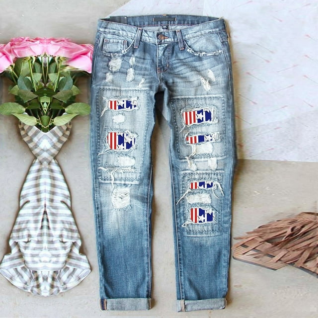 Dyfzdhu Independence Day Jeans for Women American Flag Printed Patchwork Ripped Jeans Straight Distressed Denim Pants With Pockets