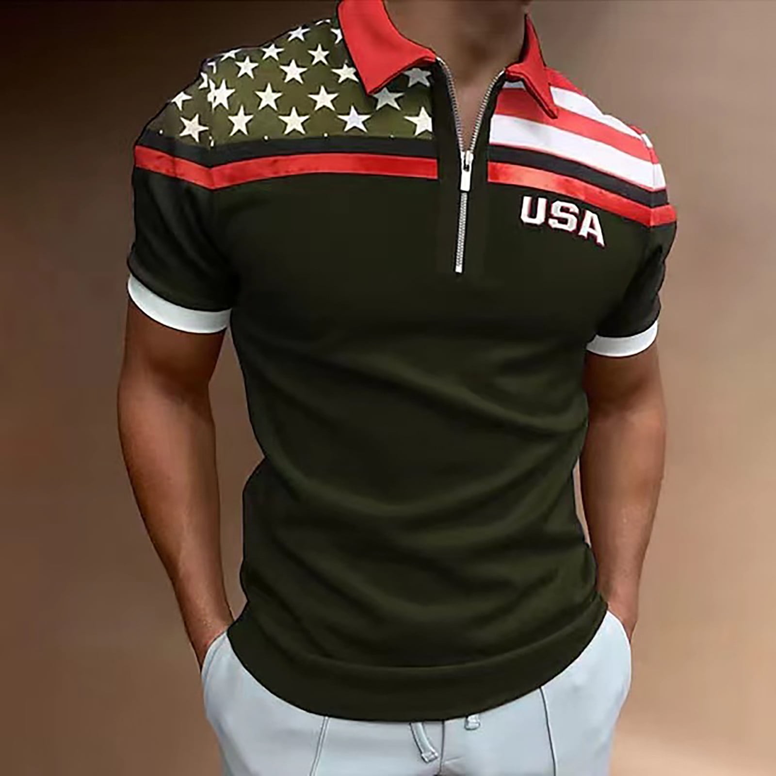 Mens Patriotic Flag Graphic Zipper Shirt  Bold Summer Style